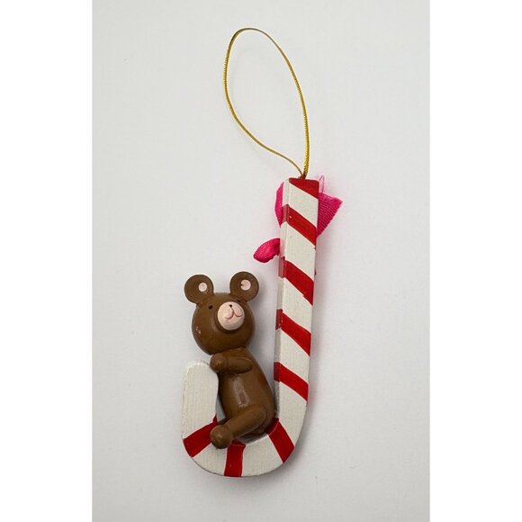 Vintage Christmas Bear Tree Ornament Wooden Hugging Candy Cane 3.5 Inch - Picture 6 of 6